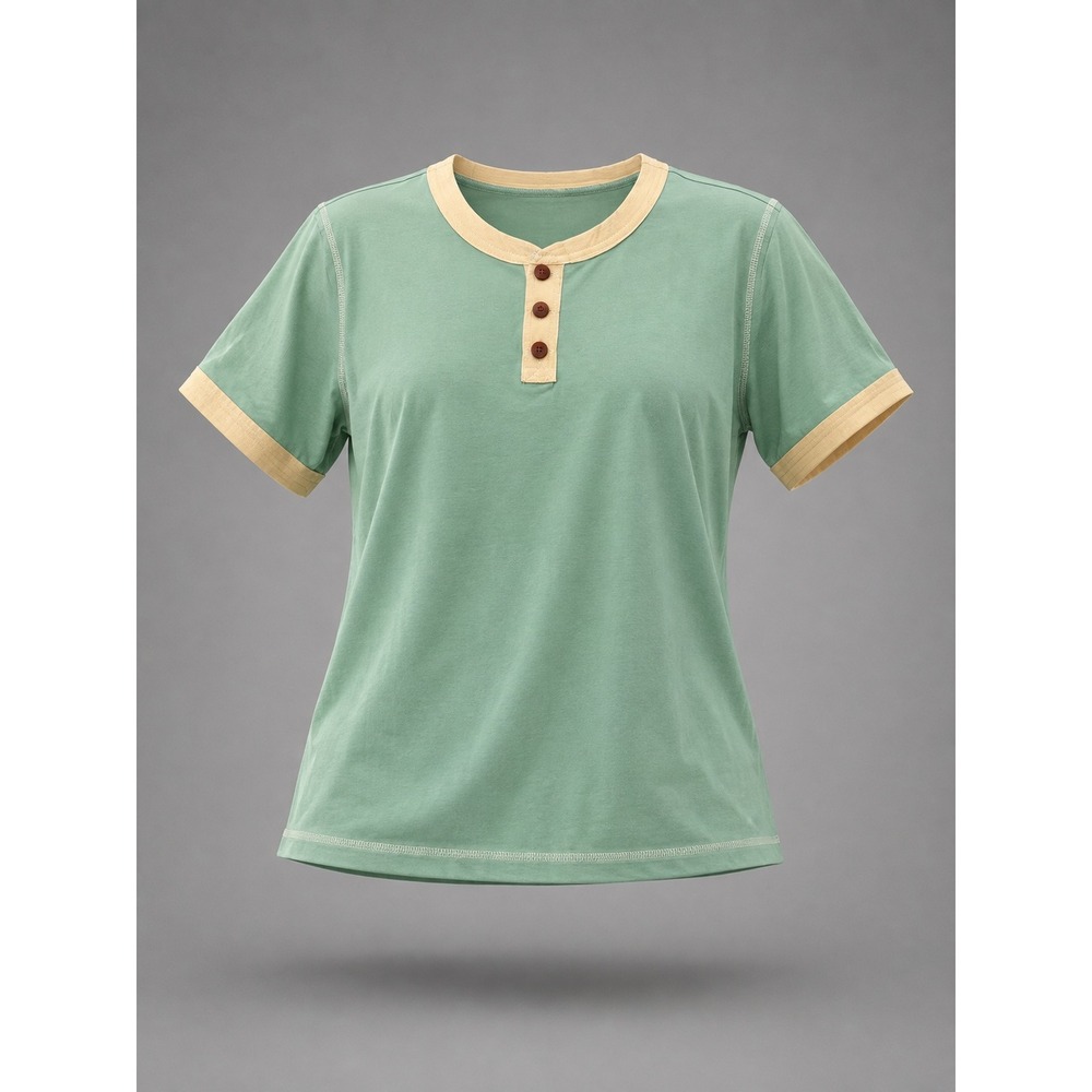 NIB, Mint Green Henley Short Sleeve Ringer Contrast Trim Top Size M LC25230673